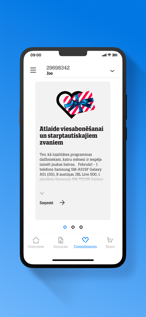 Mans Tele2 - Mans Tele2 app screenshot showing the loyalty section with discounts on roaming and international calls.