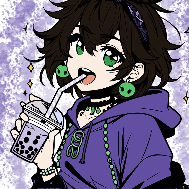 hot baddie anime girl drinking boba and biting the straw