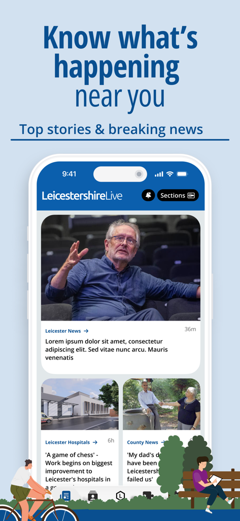 主要なニュース記事と地域の最新情報を表示するレスターシャー・ライブアプリのホーム画面
