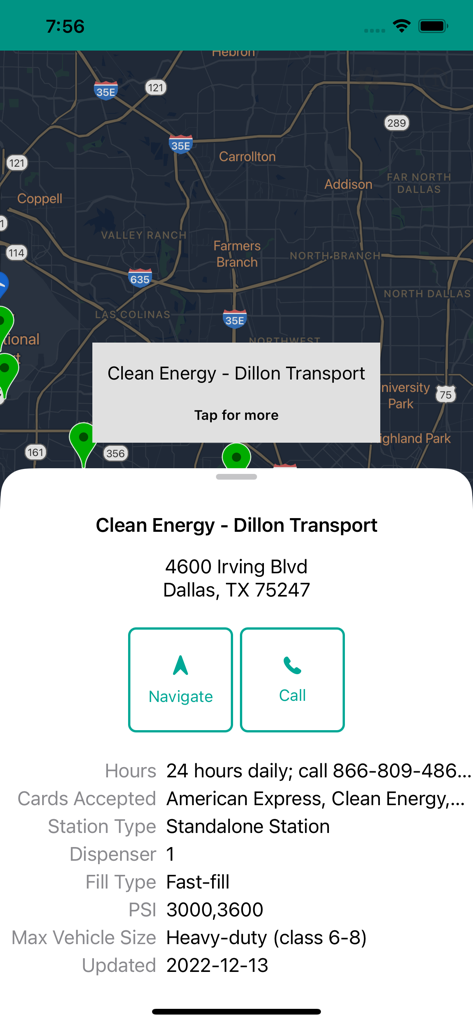 CNG station details and navigation options for Clean Energy in Dallas Texas.