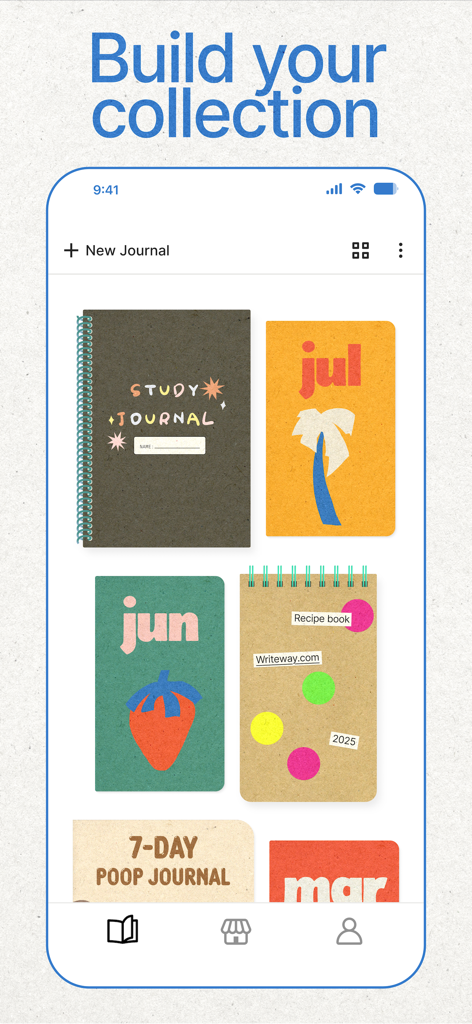 Writeway: Journal & Diary - A collection of colorful digital notebook covers with different themes and designs in the Writeway app.