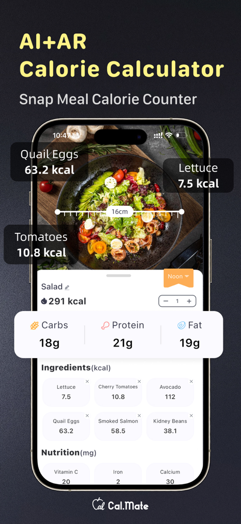 Aplicación móvil CalorieMate mostrando escaneo de calorías impulsado por IA y desglose nutricional de una ensalada