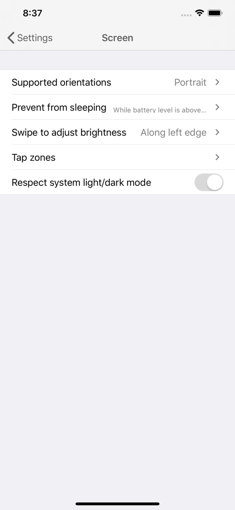 Screen settings menu in the FBReader app for customizing display and navigation.