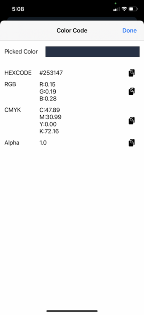 Color Picker App - Color Picker App interface displaying HEX RGB CMYK and Alpha codes for a selected color