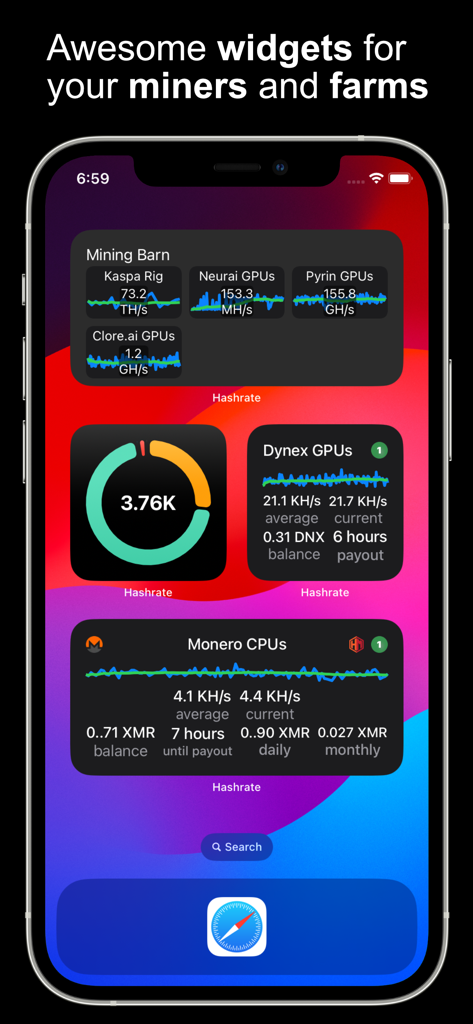 Hashrate - iPhone home screen displaying real-time crypto mining hashrates and farm status widgets