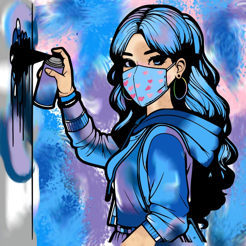 realistic girl with mask spray painting a wall
