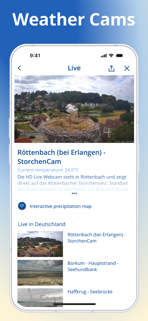 Mobile app interface showing live weather cams and local temperature
