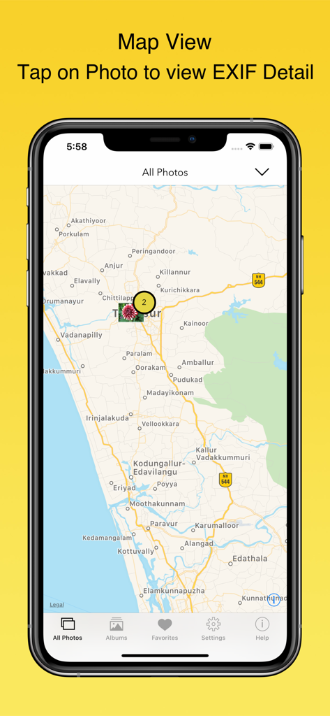 iPhone affichant la vue cartographique dans l'application EXIF ​​Viewer où les photos sont géolocalisées.