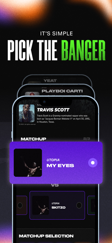 StreamStakes - StreamStakes app screen showing a music matchup between Travis Scott songs with the heading Pick the Banger