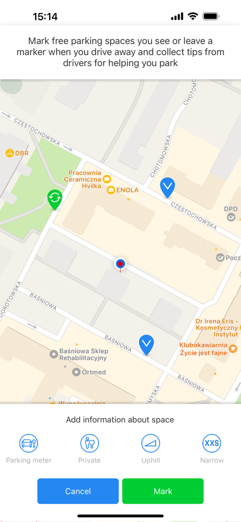 TiPark - TiParkアプリのインターフェース。地図上で無料駐車スペースをマークするため。