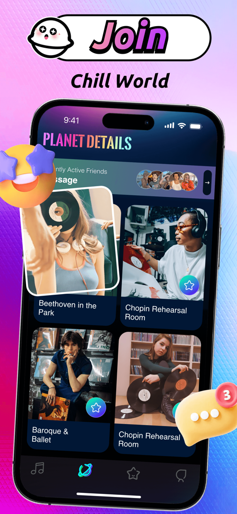 Una captura de pantalla de la pantalla de Detalles del Planeta de la aplicación Mioya que muestra varias salas de la comunidad de música clásica como Beethoven en el Parque y Sala de Ensayo de Chopin con usuarios compartiendo su amor por la música.