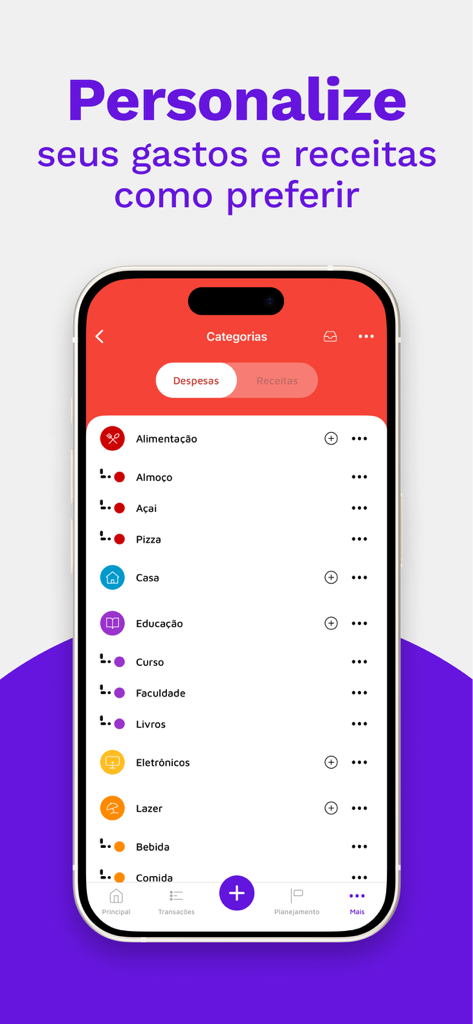 Mobills - Budget Planner - Écran de smartphone affichant l'application de planification budgétaire Mobills avec une liste de catégories de dépenses personnalisées comme l'alimentation, la maison et les loisirs.