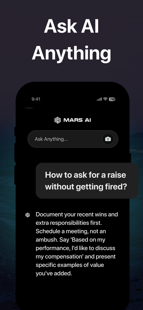 Mars AI: Your AI Assistant - L'écran de chat Mars AI montre des conseils de carrière sur la demande d'augmentation.