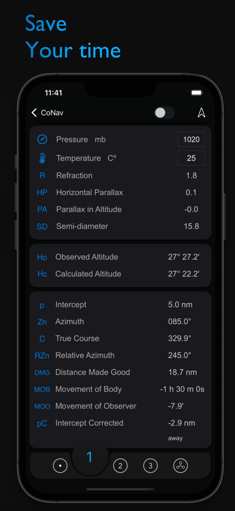 CoNav - Interfaccia dell'app CoNav che mostra strumenti professionali di navigazione celeste e calcolo sul ponte per marittimi