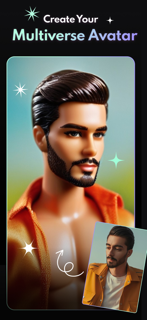 FaceVibe - AI Photo & Video - Um retrato masculino transformado em um avatar do multiverso de IA semelhante a uma boneca