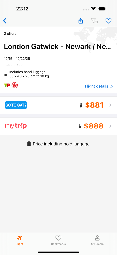 idealo flights: cheap tickets - Flight search results showing airline offers with transparent baggage pricing and total costs.