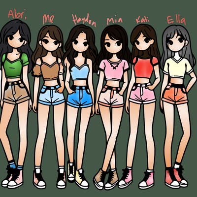 a group of girls wearing crop tops and shorts