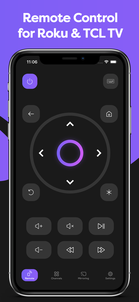 Remote Control for Roku & TCL - Interfaz de la aplicación de smartphone que muestra un control remoto digital para televisores Roku y TCL.