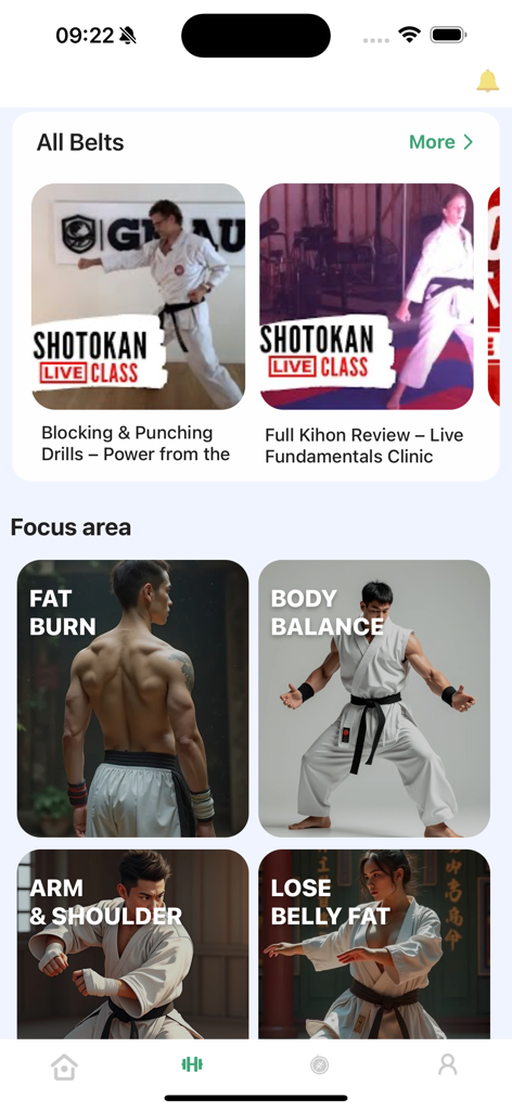 Learn Karate Mastery At Home - A mobile app screen showing Shotokan karate live classes and fitness focus categories like fat burn and body balance