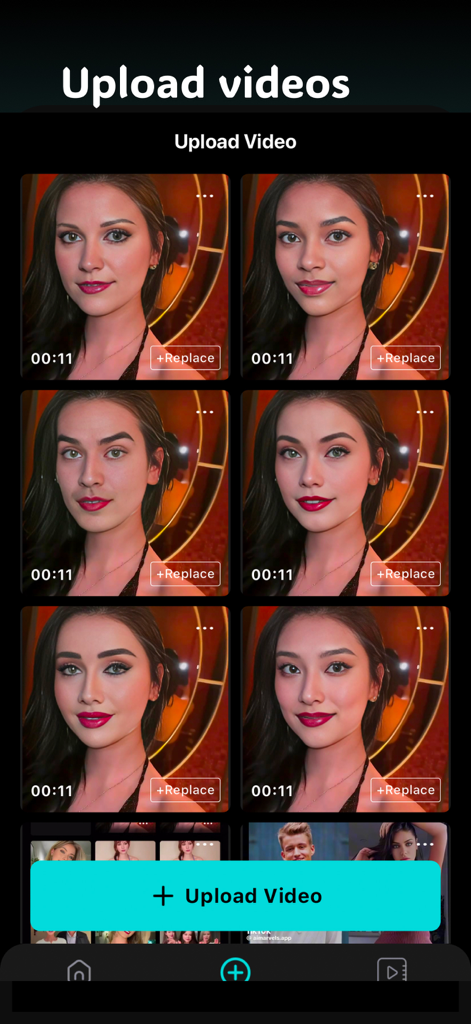 Interface of Swapface app showing the upload video gallery with options to replace faces in clips