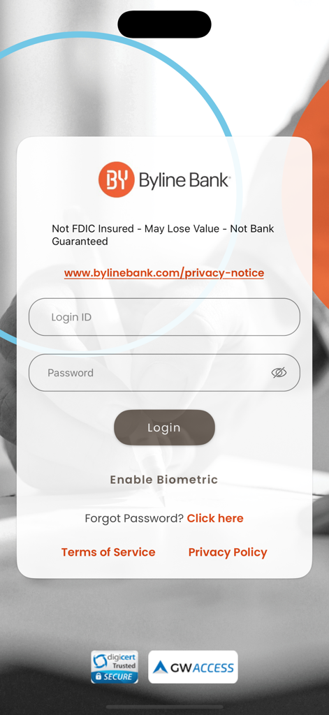 Byline Bank Wealth Mobile - Login screen of the Byline Bank Wealth Mobile app with fields for Login ID and Password