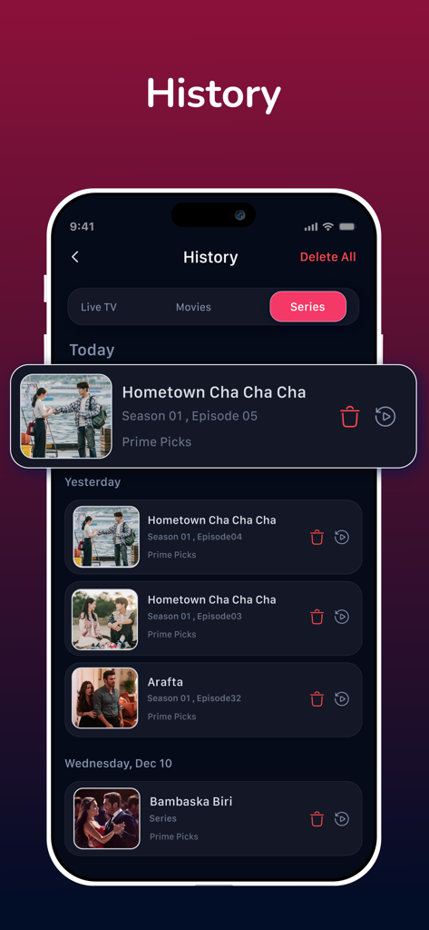 IPTV Player: Streamflow Pro - Watch history screen in the IPTV Player Streamflow Pro app displaying recently viewed series