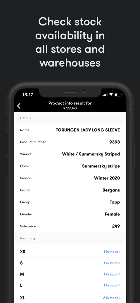 Tela do aplicativo FrontZapp mostrando detalhes do produto e disponibilidade de estoque por tamanho.