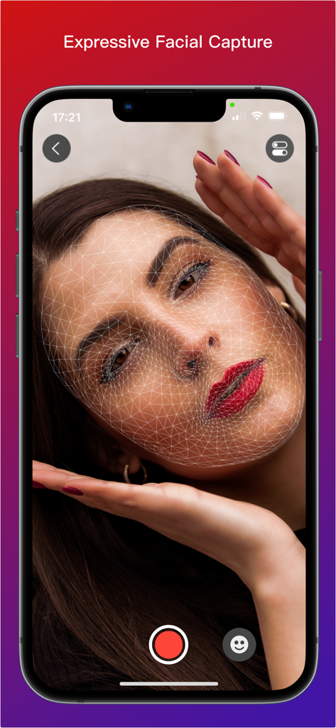 Moves by Maxon - Moves by Maxon app interface showing a 3D wireframe mesh overlay on a woman's face for expressive facial capture