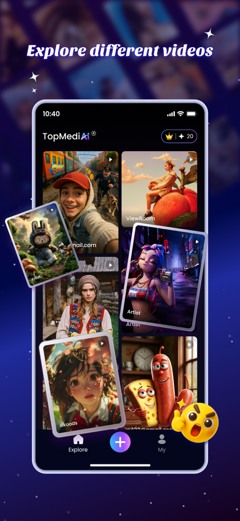 AI Video & Music - TopMediai - TopMediai mobile app interface showing a feed of AI generated videos in cinematic and anime styles