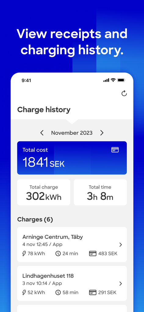 Mer Connect - Mer Connect app screen showing EV charging history and receipts