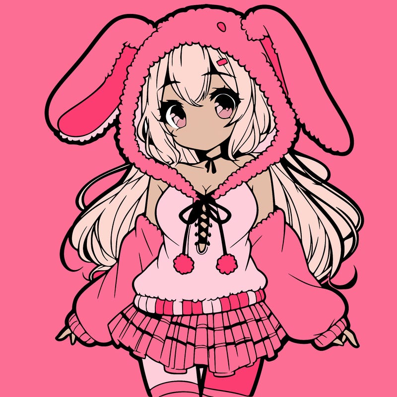 pretty anime girl wearing a fluffy hoodie with bunny ears on the hood and a skirt