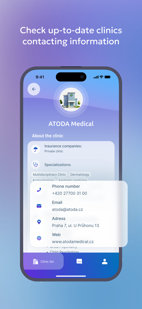 ZORYX - ZORYX app showing contact information and details for a medical clinic in Prague