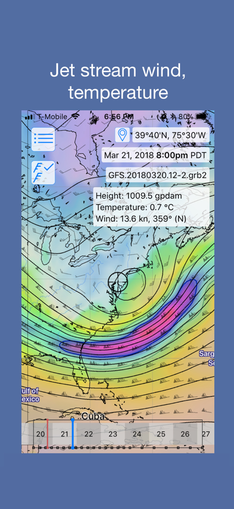 LuckGrib - LuckGrib app displaying jet stream wind and temperature data on a weather map