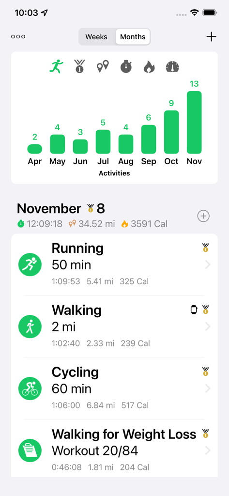 Monthly workout history and activity statistics for running walking and cycling
