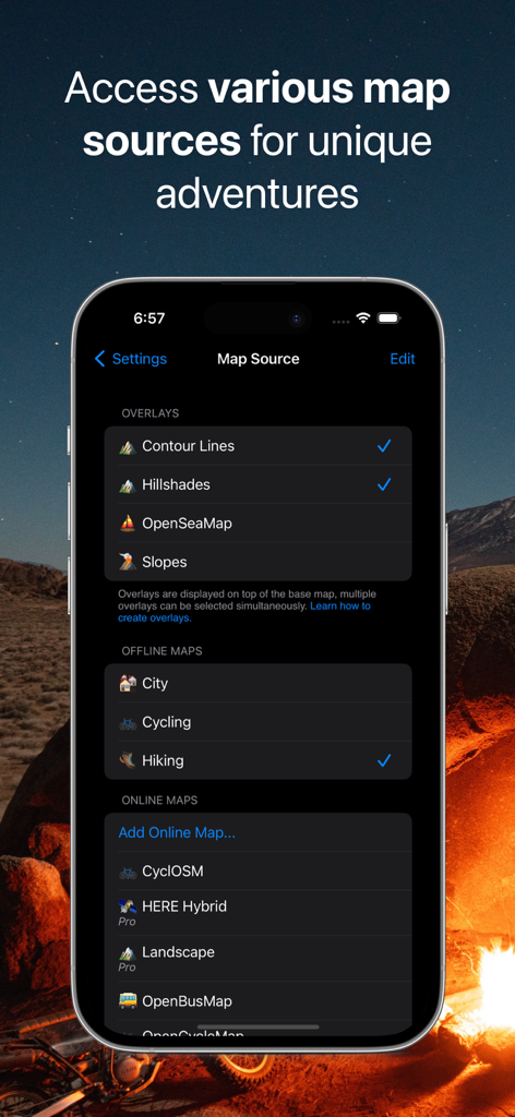 A mobile screen showing Guru Maps Pro map source settings with options for contour lines, hillshades, and offline hiking maps