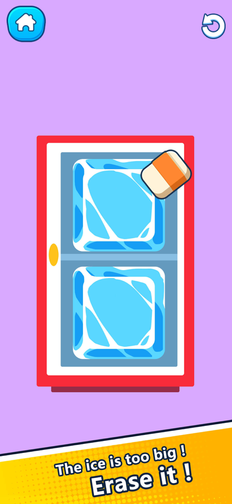 Eraser Magic:-Brain Test - A screen from the Eraser Magic brain test game showing an eraser being used to remove part of a large ice cube in a refrigerator