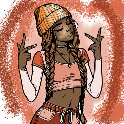 realistic teenage girl with braids and a beanie and crop top doing 🫶🏼