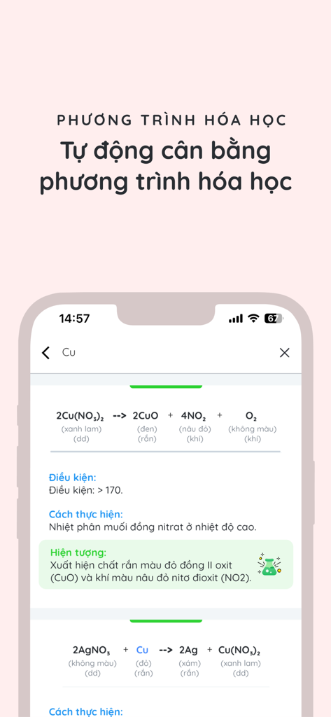 Dicamon - Giải Toán Lý Hóa Anh - Mobile App-Oberfläche, die automatisch ausgeglichene chemische Gleichungen mit Reaktionsdetails und Bedingungen zeigt