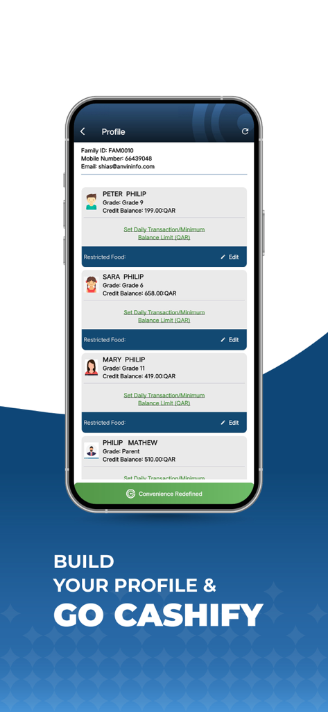 Genio - Genio app profile screen displaying family member profiles with credit balances and transaction limit settings