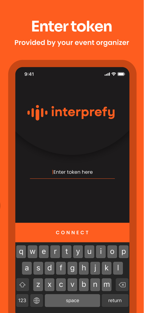 Interprefy - Interprefy App-Bildschirm zur Eingabe eines Veranstaltungstokens für den Zugriff auf Live-Übersetzungsdienste.