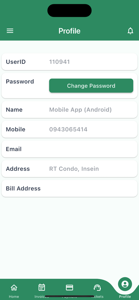 MaxxB - User profile screen in the MaxxB app showing account details like User ID and address