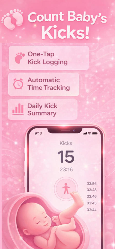 Baby Kick Counter - Tracker - A pink interface for a baby kick counter app featuring one-tap logging, automatic time tracking, and daily kick summary modules on a mobile device.
