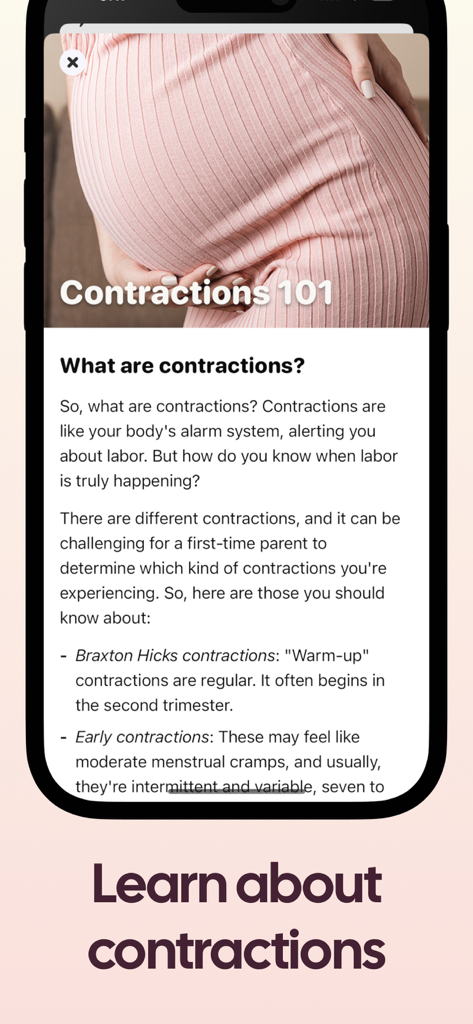 Contraction Timer Counter - Tela educacional do aplicativo Contador de Contrações explicando diferentes tipos de contrações de parto