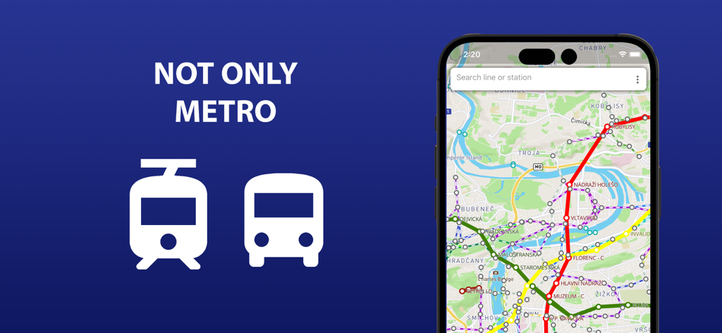 Application de carte des transports de Prague montrant les itinéraires de métro, de tramway et de bus
