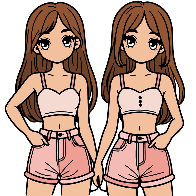 two sisters with crop tops and jean shorts and straight hair