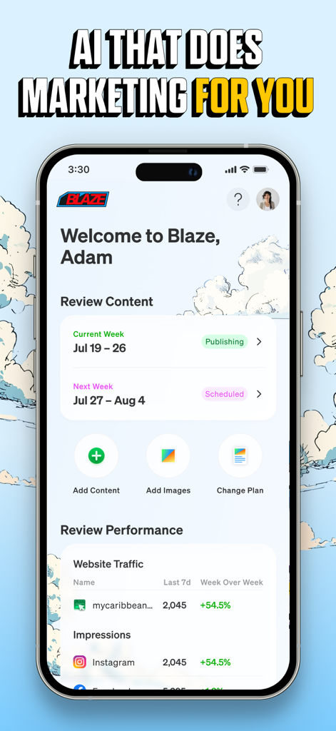 Blaze AI Mobile App Dashboard mit Planung von Marketinginhalten und Kennzahlen zur Leistungverfolgung
