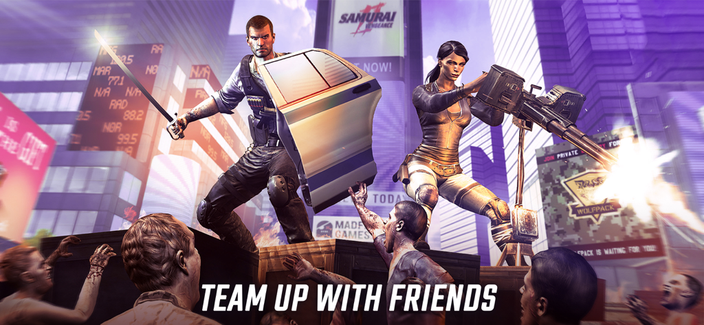 Two characters using a sword and heavy machine gun to fight a zombie horde in a city