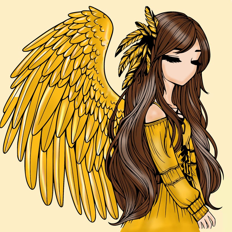 realistic girl with bird wings and some feathers in her hair