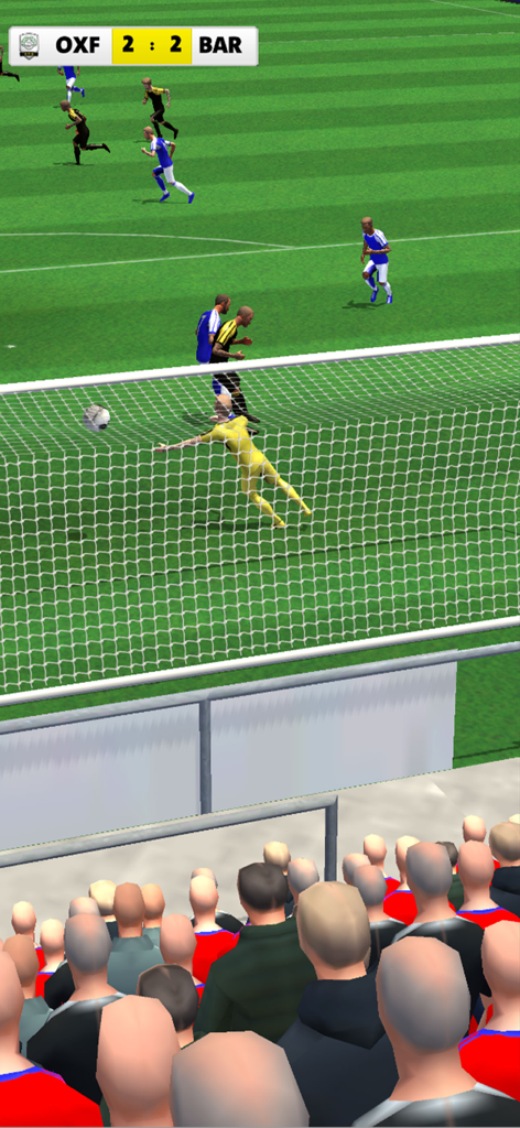 A 3D match highlight in Soccer Club Management 2025 showing a goalkeeper making a save during a game with fans in the foreground.