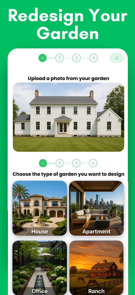 AI Garden Design: AI Landscape - App screen for AI Garden Design showing how to upload a photo and select garden types like house apartment office or ranch